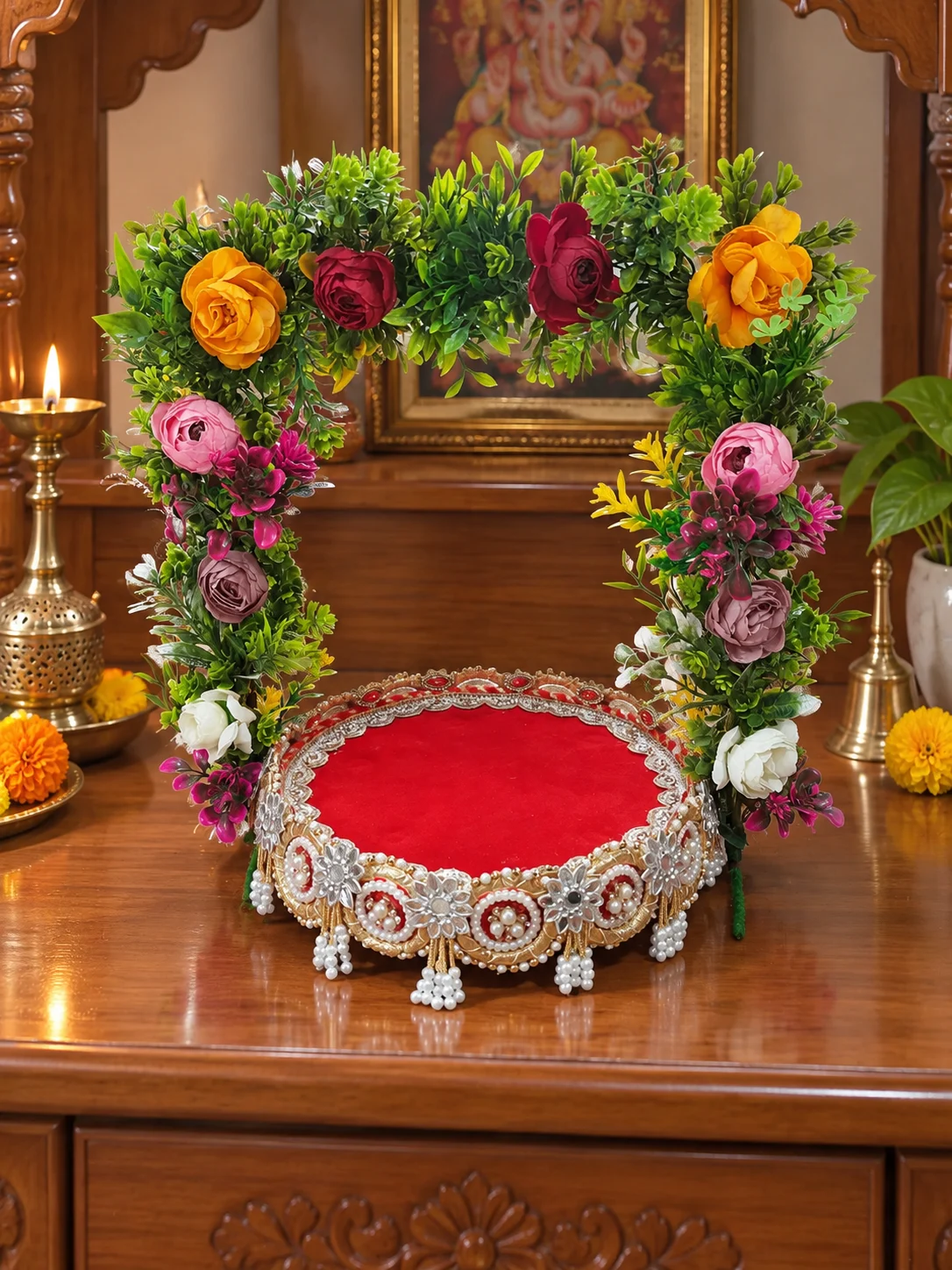 Floral Arch Aasan styled on a mandir shelf or altar