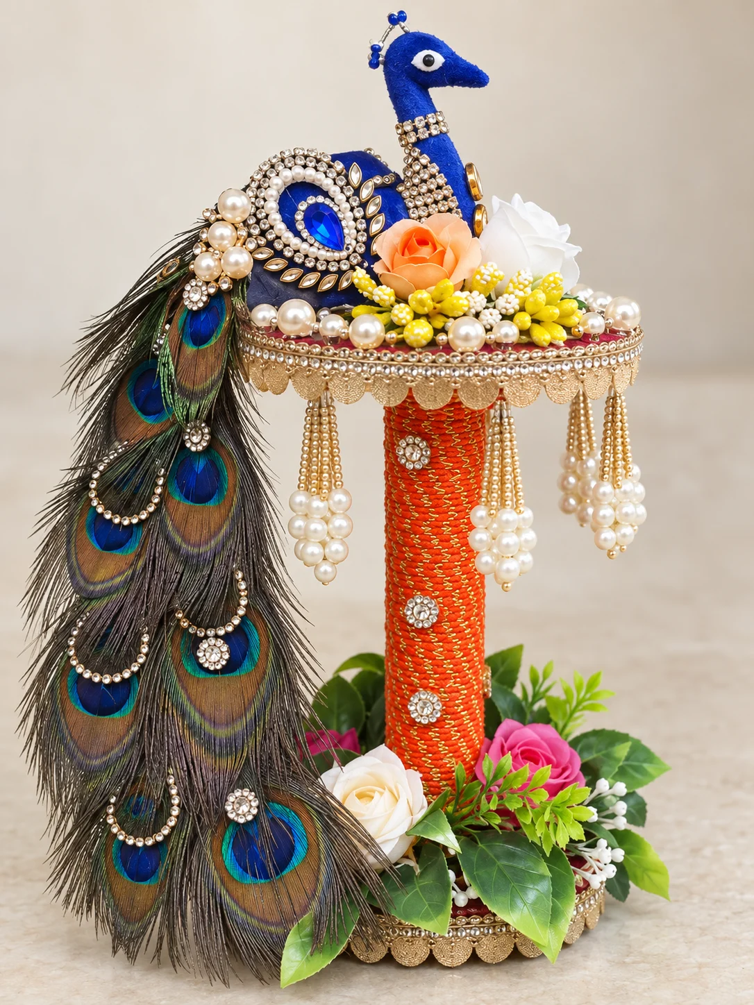 Close-up of the decorative details on Peacock Mandir Stands