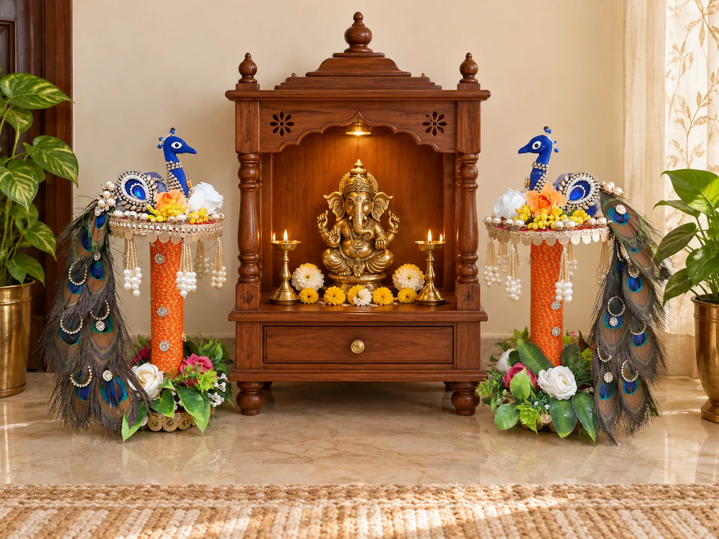 Peacock Mandir Stands styled beside a mandir or as a ceremonial pair