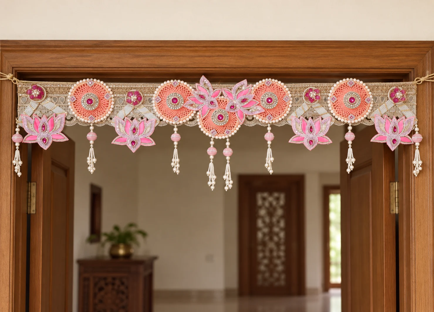 Pink Lotus Bandhanwar styled across a doorway or entrance