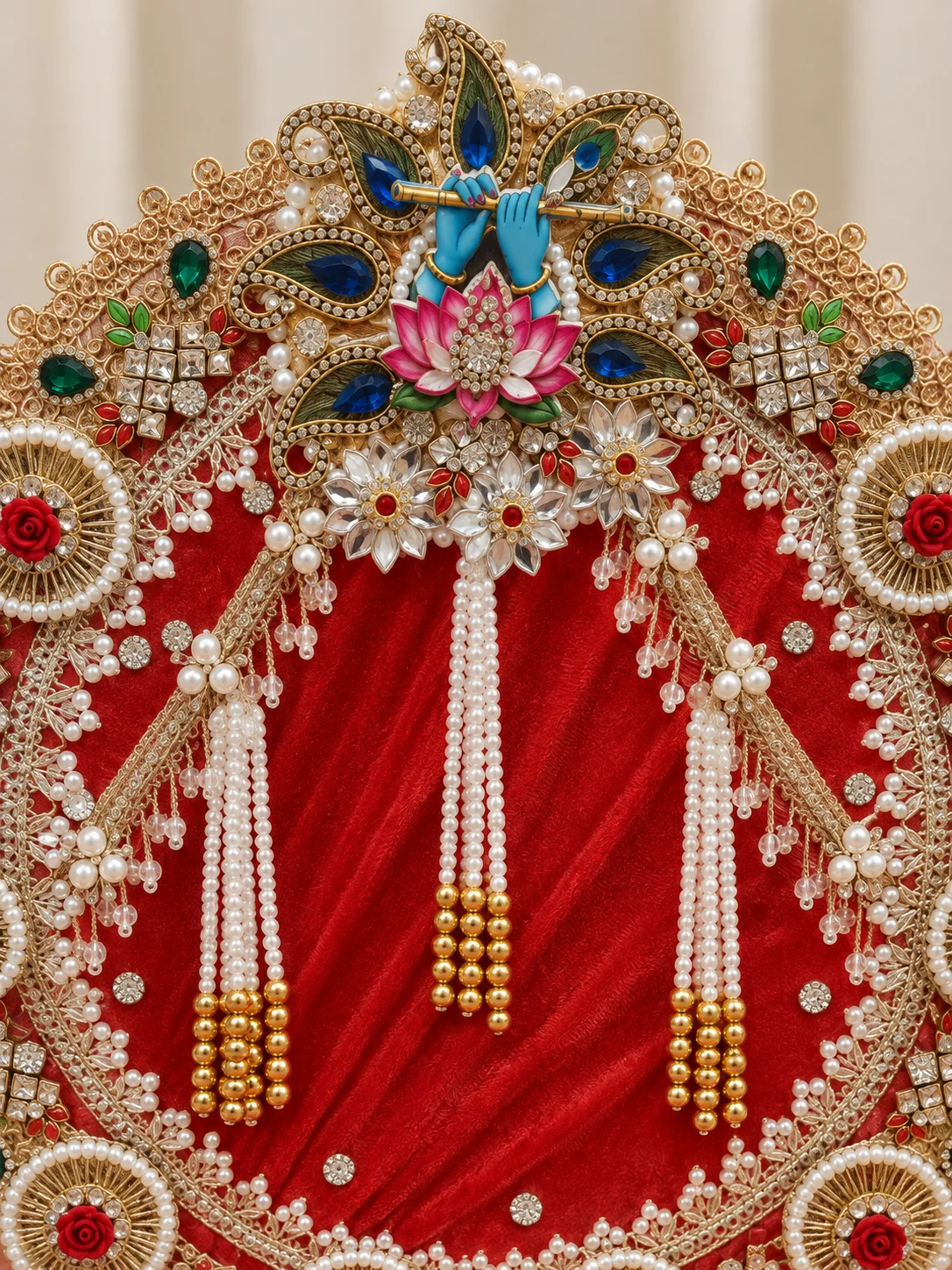 Close-up of the decorative details on Red Pearl Singhasan