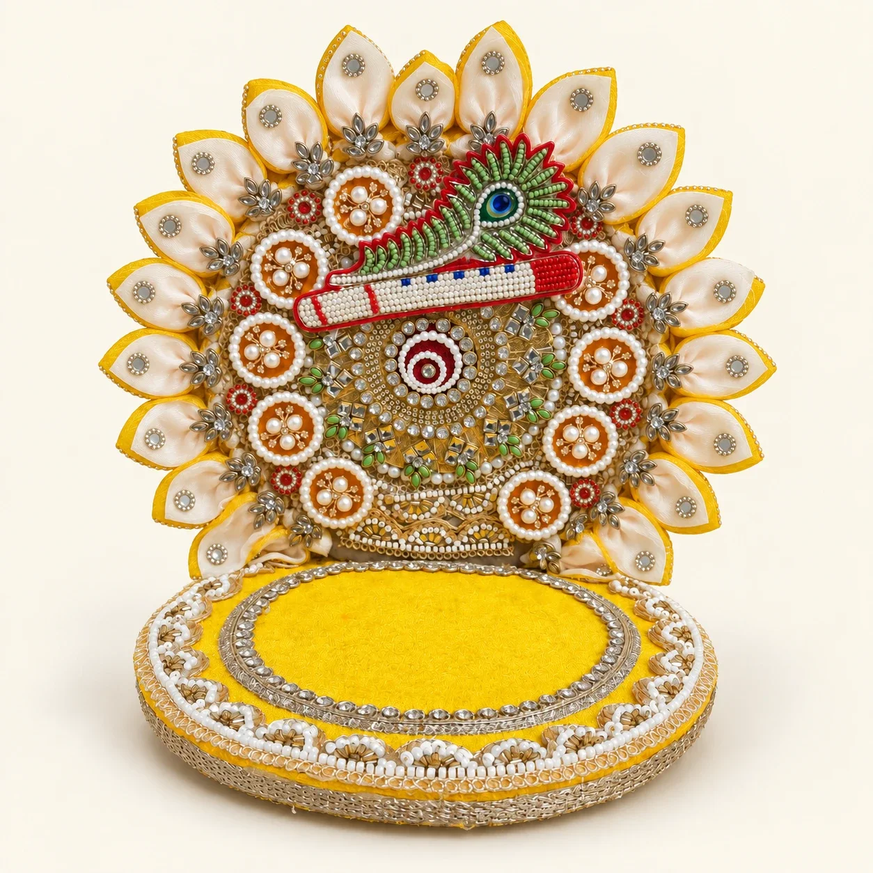Yellow and cream Thakur Ji aasan with a beaded flute and peacock feather motif